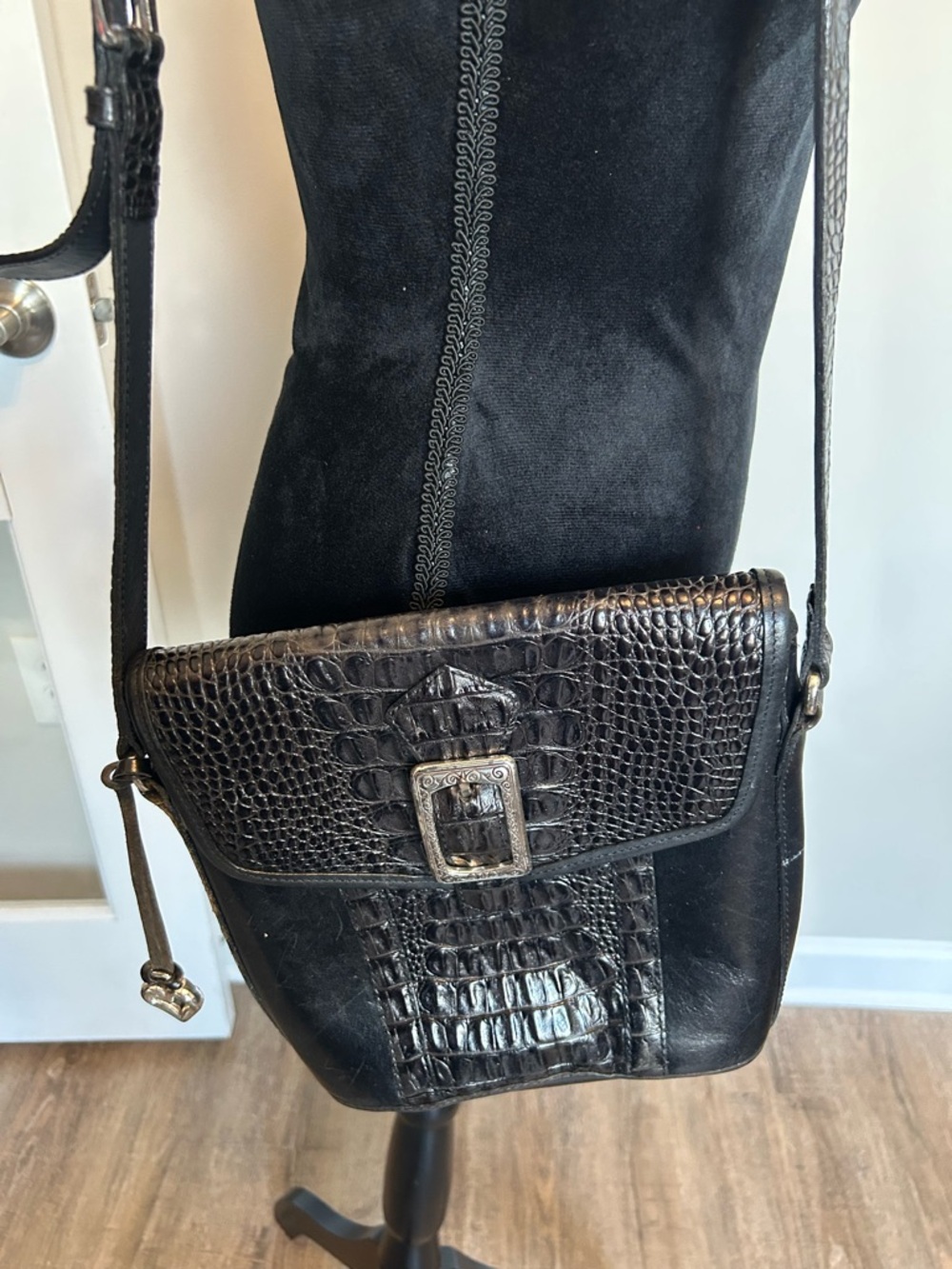 Brighton Black Croc-Embossed Leather Crossbody Bag with Buckle
